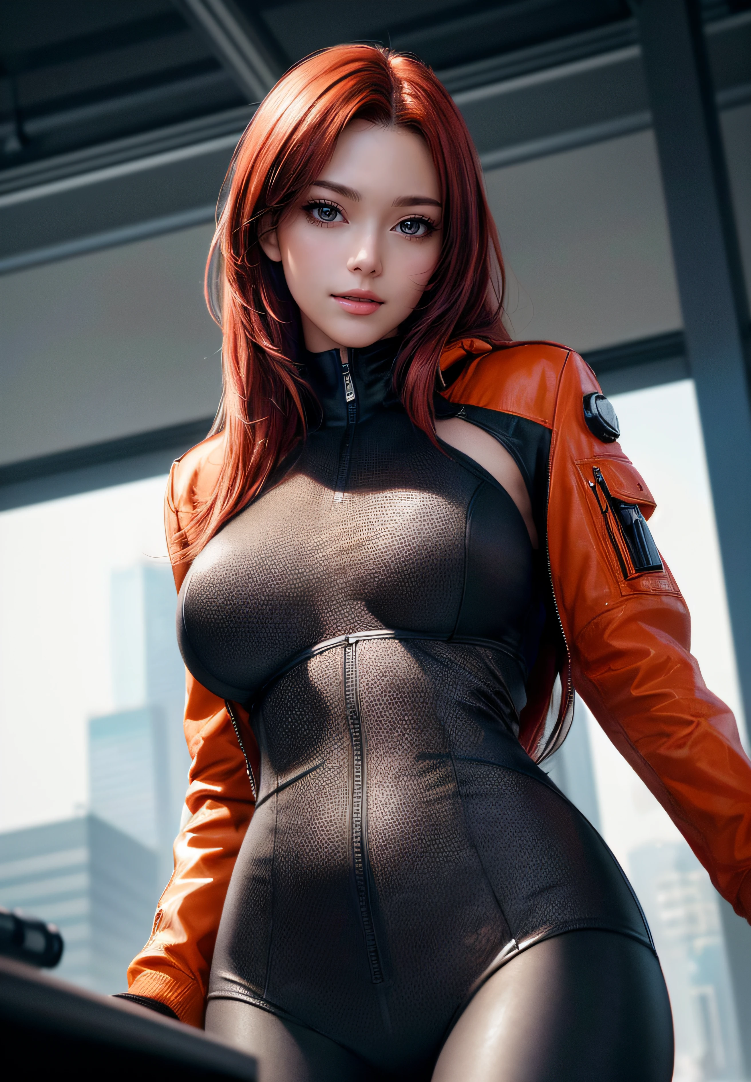 1girl, (from below, portrait), the most beautiful girl of the world, perfect chin, slim waist, (sfw, big breasts), (thight clothes), red hair, orange eyes, closed mouth, looking at viewer, cyberpunk jacket, action, really happy, excited, surprised, 40mm lens, depth of field, bokeh, ((extremely detailed photo, hyperrealistic, 8k, unreal engine render)), (masterpiece, best quality, hires, high quality, by professional artist, ultra detailed, extremely detailed, absurdres, incredibly resolution:1.2), <lora:add_detail:0.4>, <lora:Elixir:0.2>
