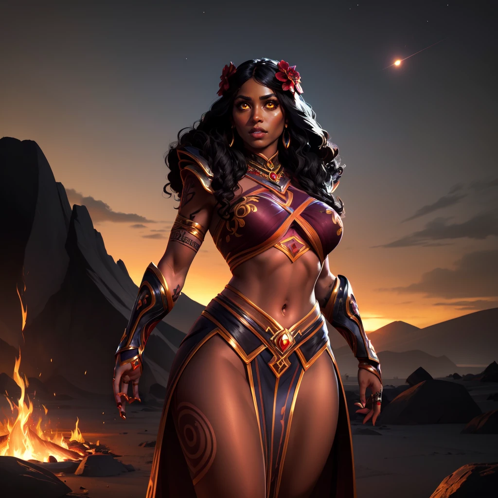 huge breasts, thick thighs, thick hips, thin waist,lei, tattoo,full body tattoo, polynesian, polynesian tattoo, hair flower,
PeleSmite, <lora:PeleSmite:0.8>,midriff, underboob, dark skin, dark-skinned female,looking at viewer,
1girl, solo, long hair, earrings, hair flower,gauntlets, glowing eyes,shoulder armor,toenails, pauldrons, anklet, leg tattoo
((cowboy shot, upper body)), standing,volcano, lava, eruption, active volcano,dusk, stars, night, (insanely detailed, beautiful detailed face, masterpiece, best quality)