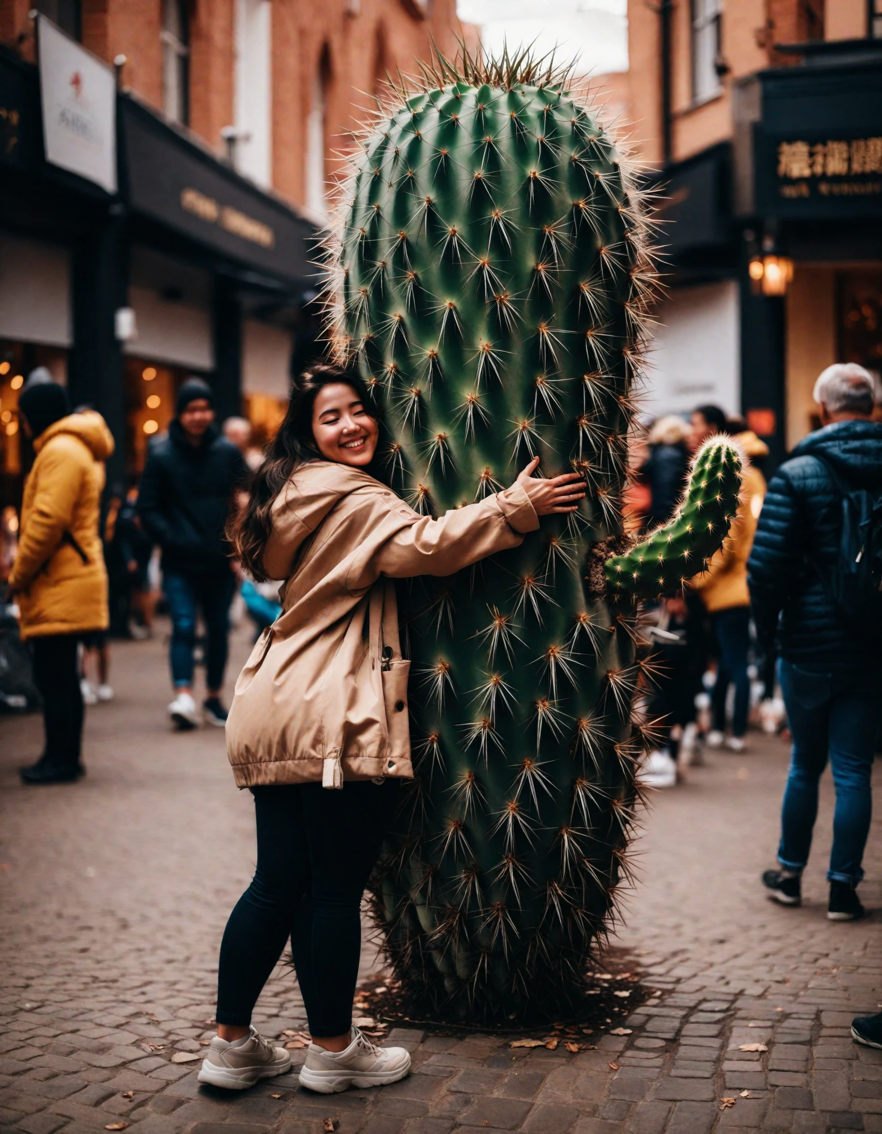 a person hugging a cactus character, standing on a bustling pedestrian street