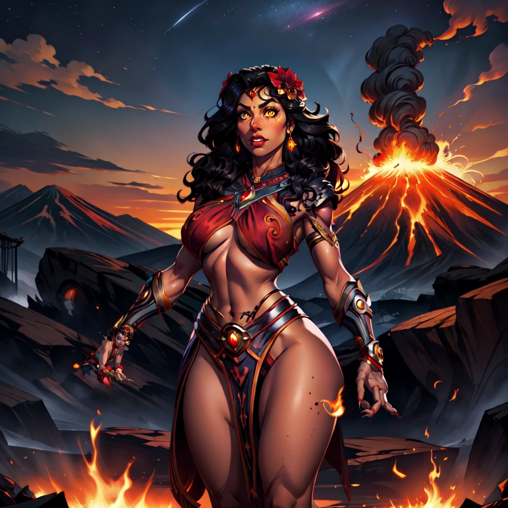 huge breasts, thick thighs,  thick hips, thin waist,lei, tattoo,full body tattoo, polynesian, polynesian tattoo, hair flower,
PeleSmite, <lora:PeleSmite:0.8>,midriff, underboob, dark skin, dark-skinned female,
1girl, solo, long hair, earrings, hair flower,gauntlets, glowing eyes,shoulder armor,toenails, pauldrons, anklet, leg tattoo
cowboy shot:2.0, upper body:2.0, standing,volcano, lava, eruption, active volcano,dusk, stars, night, (insanely detailed, beautiful detailed face, masterpiece, best quality)