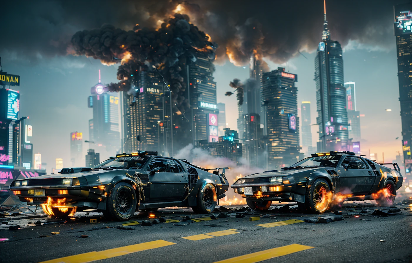 a photo of Delorean, racing through collapse building.
extremely detailed, depth of field, physically-based rendering, natural light, dynamic lighting,
SDXL,,
((SFW)),
bodysuit, (((ironman armor))), tactical suit, skynet, looking at camera, ((cyberpunk2077:1.3),
(tall black buildings in the background)), futuristic background, dark, )nighttime, sci-fi buildings, ((flying cars)), (((explosions, smoke, collapsed buildings))), (purple neon buildings), crossing jet streams in sky, flames everywhere, fire, armageddon,
perfect body:1,BRAV5_Realisianv50_PFv30,
<lora:realistic20_v10:0.05>,<lora:skin_slider_v1:0.03>,<lora:skin_t exture:0.02>,
