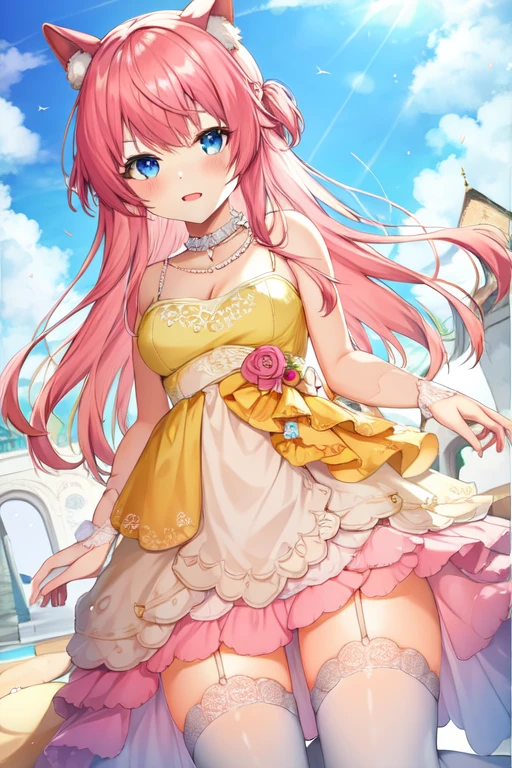 bridal, animal ears, day, cloud, frills, pink hair, pearl necklace, choker, frilled dress, blue eyes, thighhighs
