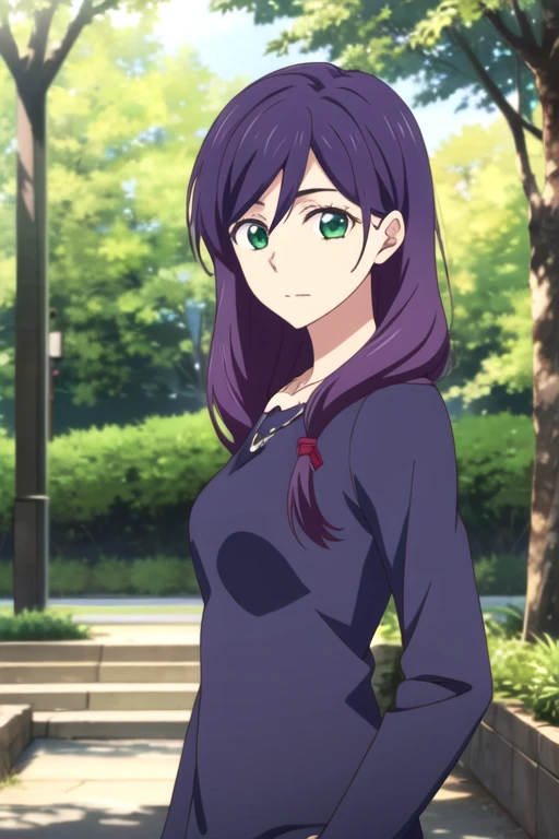masterpiece, best quality, movie still, 1girl, solo, looking at viewer, , depth of field, ligne claire, , <lora:kae_serinuma:0.72>, kae_serinuma, purple hair, green eyes, long hair