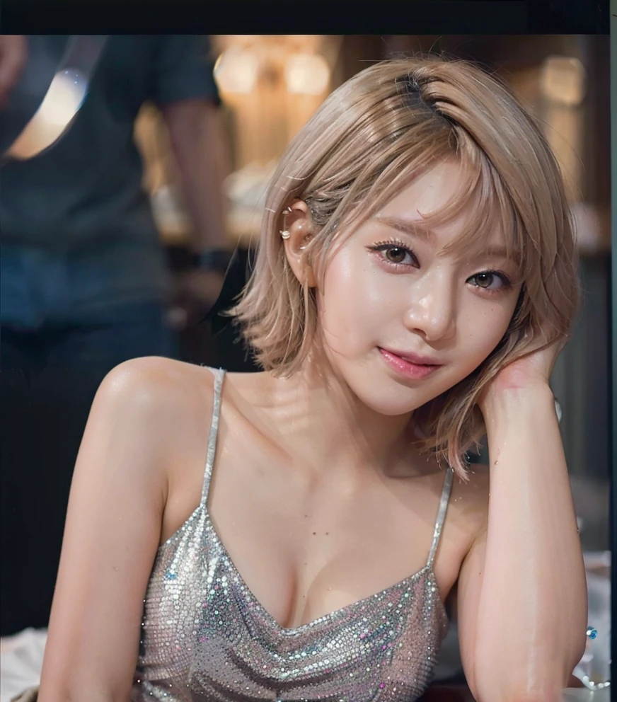 1girl,blonde, short hair, p4rkch04, (wearing a silver glittery evening dress),(RAW photo, best quality), (realistic, photo-realistic:1.4), masterpiece, an extremely delicate and beautiful, extremely detailed, 2k wallpaper, Amazing, finely detail, extremely detailed CG unity 8k wallpaper, ultra-detailed, highres, soft light, beautiful detailed girl, extremely detailed eyes and face, beautiful detailed nose, beautiful detailed eyes,cinematic lighting,city lights at night,smiling <lora:p4rkch04-20:1>