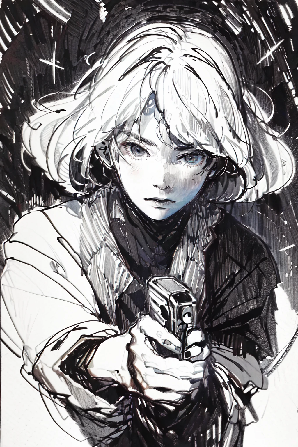 best quality, masterpiece, sketchï¼monochrome, traditional media, Pencil drawing, 1girl, angry, jaket , gun,shooting star,  , <lora:Sketch_offcolor:1>