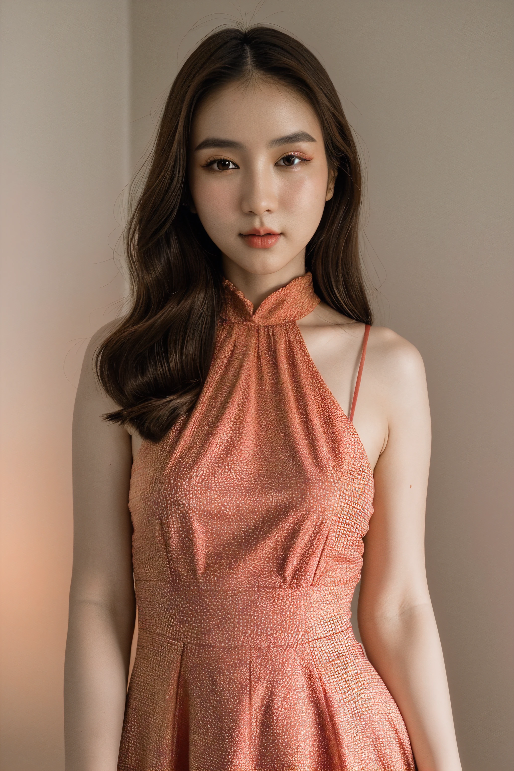 RAW photo of  rinrada,red high-neck dress, neutral background, 8k uhd, dslr, soft lighting, high quality, film grain, Fujifilm XT3, <lora:rinrada:1>