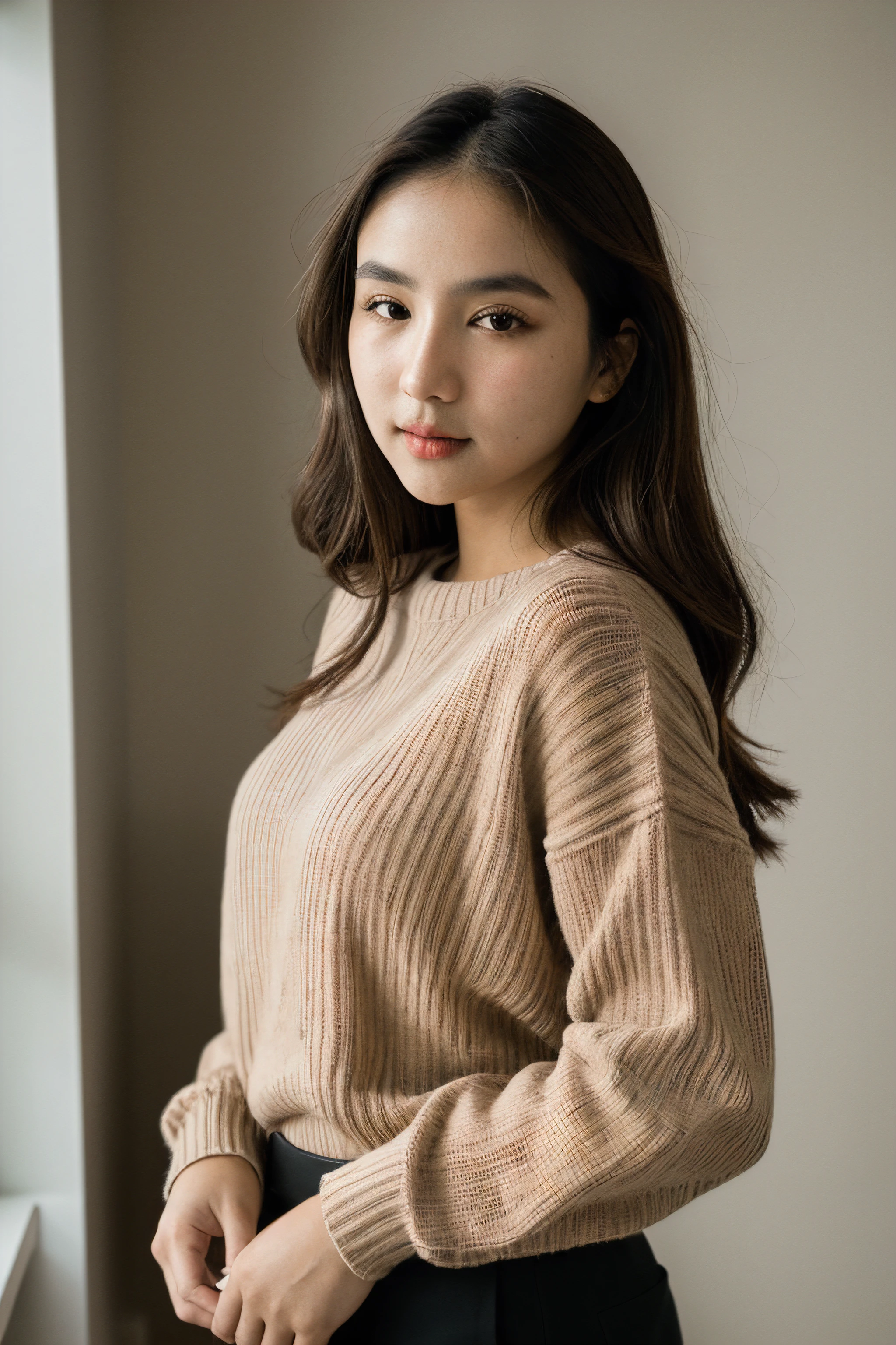 RAW photo of  rinrada,brown oversized sweater, neutral background, 8k uhd, dslr, soft lighting, high quality, film grain, Fujifilm XT3, <lora:rinrada:1>