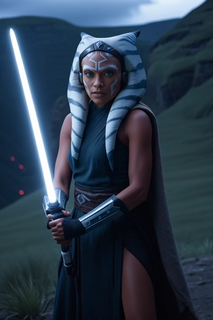 cinematic photo ahsoka tano in battle stance at thunder bluff holding white lightsabers <lora:Ahsoka_Tano_XL:0.8> . 35mm photograph, film, bokeh, professional, shot by jerry uelsmann, 4k, highly detailed