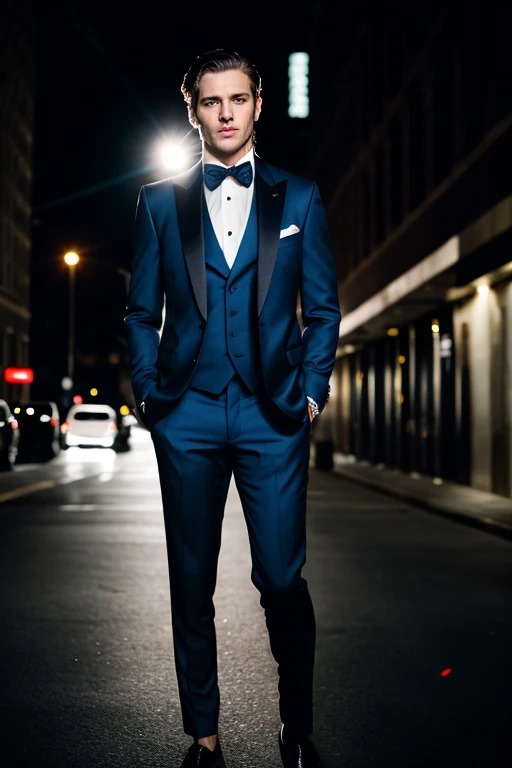 flash photography,medium shot,film grain,Film still, cinematic,color photo of Handsome man,Wearing expensive suits, formal attire,night street background