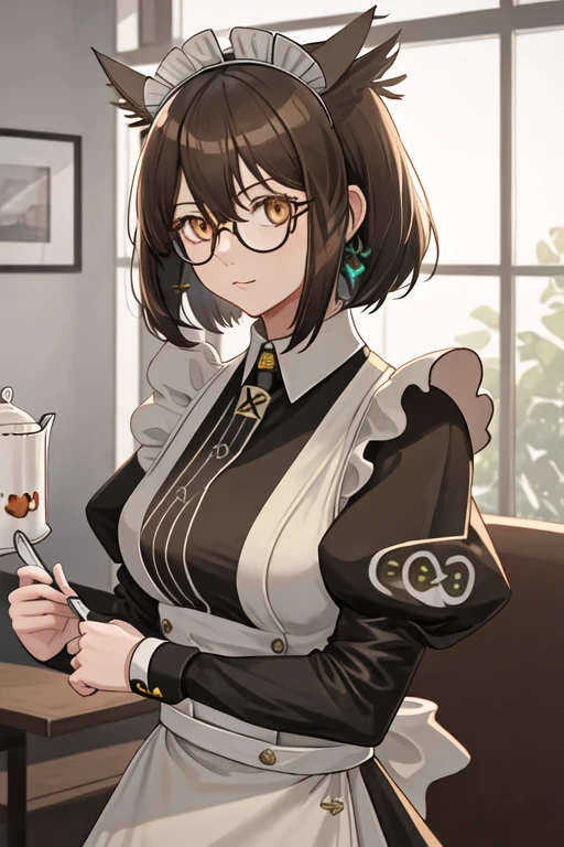 best quality, masterpiece, highres, solo, {maid:1.40}, {long maid dress:1.15}, {silence_arknights:1.15}, brown_hair, short_hair, feather_hair, glasses, bangs, upper_body, hair_between_eyes, semi-rimless_eyewear, owl_ears, brown_eyes