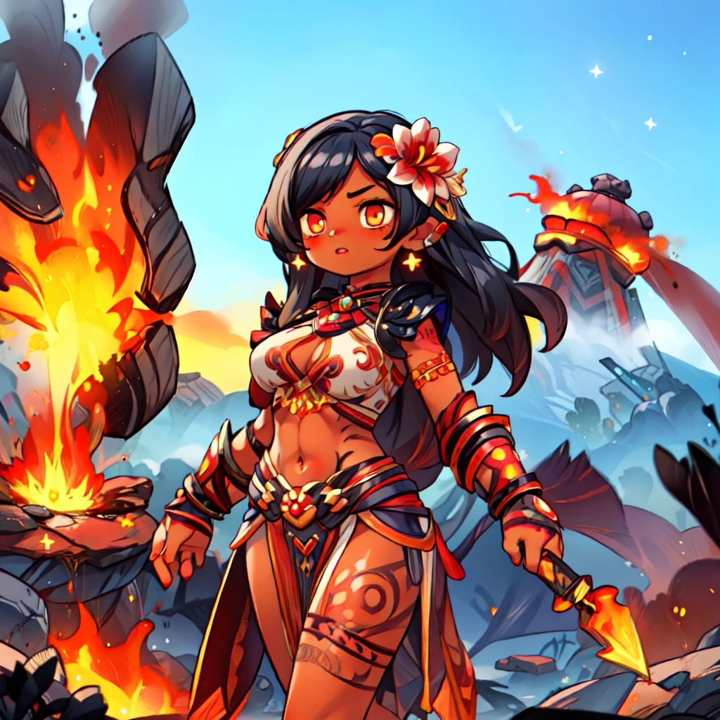 huge breasts, thick thighs,  thick hips, thin waist,lei, tattoo,full body tattoo, polynesian, polynesian tattoo, hair flower,
PeleSmite, <lora:PeleSmite:0.8>,midriff, underboob, ((dark skin, dark-skinned female)),
1girl, solo, long hair, earrings, hair flower,gauntlets, glowing eyes,shoulder armor,toenails, pauldrons, anklet, leg tattoo
cowboy shot:2.0, upper body:2.0, standing,volcano, lava, eruption, active volcano,dusk, stars, night, (insanely detailed, beautiful detailed face, masterpiece, best quality)
