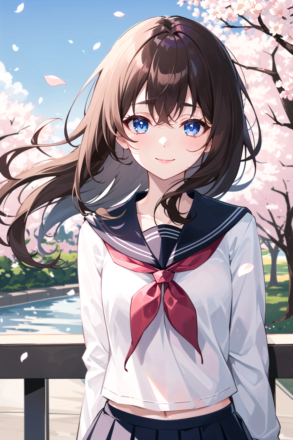 (upper_body:1.5), close-up, cherry_blossoms, outdoors, day, spring_\(season\), 1girl, smile, solo, bangs, blue_eyes, blush, closed_mouth, looking_at_viewer, long_hair, brown_hair, branch, eyebrows_visible_through_hair, floating_hair,hair_between_eyes, blue_sailor_collar, serafuku, long_sleeves, neckerchief, pleated skirt, pink_flower, petals, tree, white_shirt, wind, railing, sky <lora:style_GIn00:0>