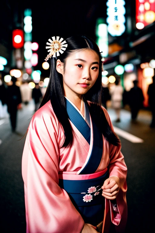 flash photography,medium shot,film grain,Film still, cinematic,A photo of an 18-year-old Japanese woman wearing a kimono on a Tokyo street at night,Wear beautiful Japanese style hair accessories