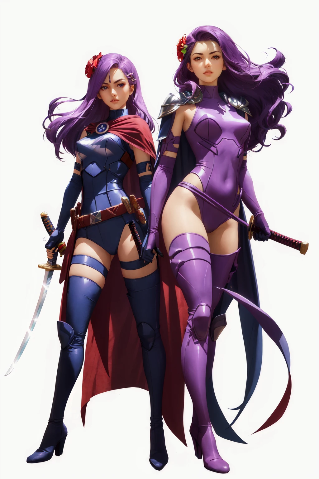 betsy_britain, long hair, multiple girls, hair ornament, thighhighs, gloves, 2girls, weapon, purple hair, flower, red hair, boots, sword, hair flower, cape, armor, bodysuit, thigh boots, animification, superhero, <lora:EMS-51662-EMS:0.800000>