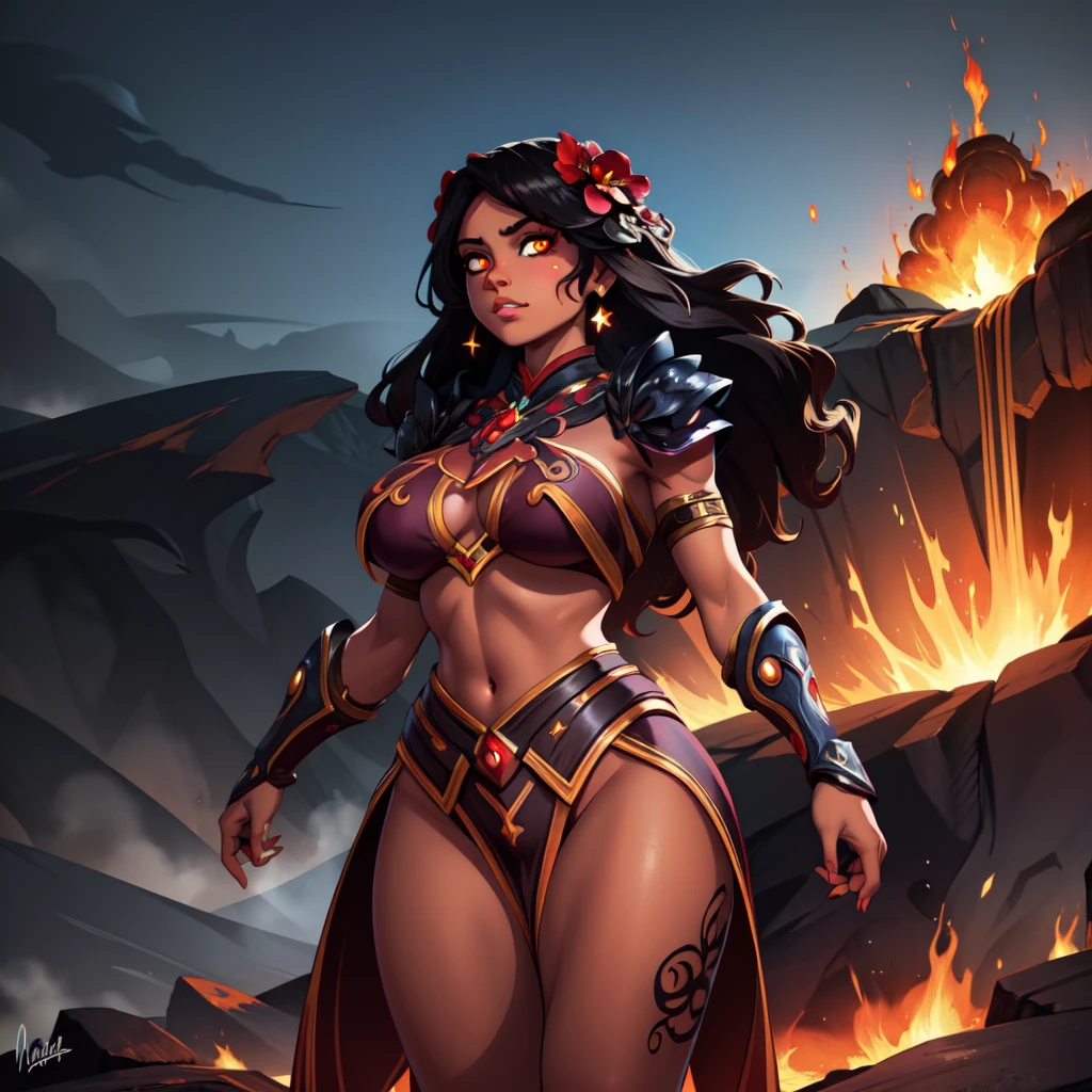 huge breasts, thick thighs,  thick hips, thin waist,lei, tattoo,full body tattoo, polynesian, polynesian tattoo, hair flower,
PeleSmite, <lora:PeleSmite:0.8>,midriff, underboob, dark skin, dark-skinned female,looking at viewer,
1girl, solo, long hair, earrings, hair flower,gauntlets, glowing eyes,shoulder armor,toenails, pauldrons, anklet, leg tattoo
((cowboy shot, upper body)), standing,volcano, lava, eruption, active volcano,dusk, stars, night, (insanely detailed, beautiful detailed face, masterpiece, best quality)