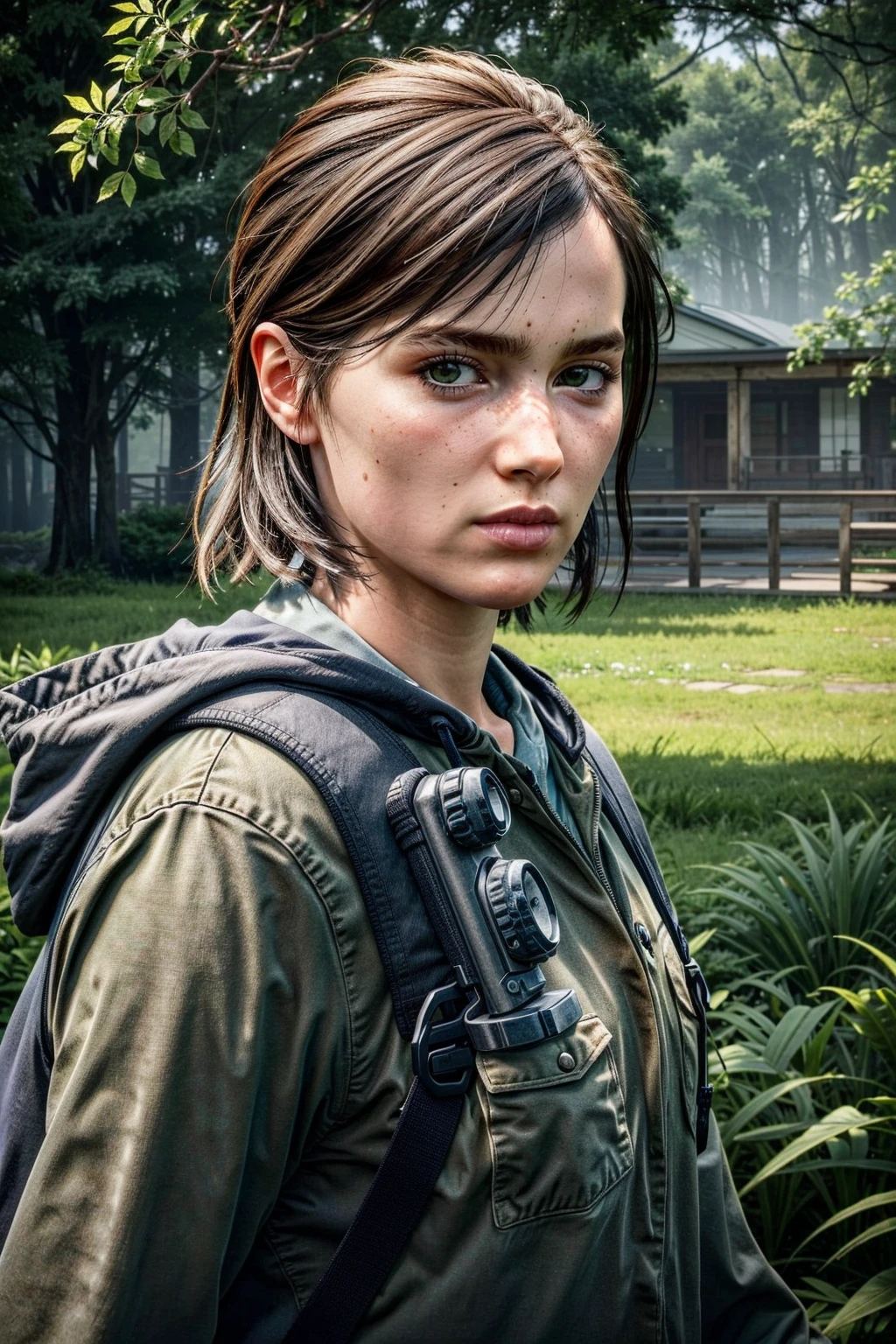 photo of ohxw, ellie, tattoo on left arm, jacket and jeans standing, backpack, short hair, face details, forest, low key lighting, eye level, <lora:2ellie-000003:1>