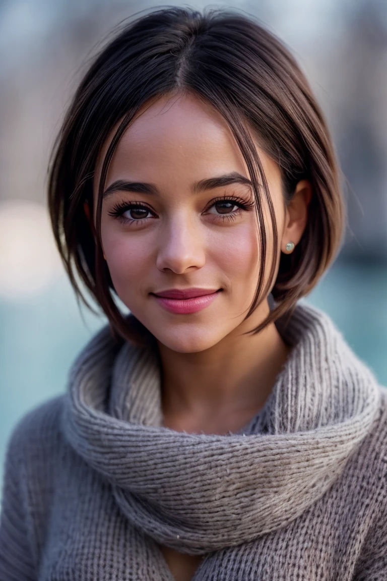 photo of beautiful (alizjacot:0.99), a woman in a (frozen lakeside:1.1), perfect hair, short hair upsweep updo, wearing (sweater), modelshoot style, (extremely detailed CG unity 8k wallpaper), professional majestic (photography by garry winogrand:1.1), (Nikon D7500 DSLR Camera), 24mm, exposure blend, hdr, faded, extremely intricate, High Detail, Sharp focus, dramatic, soft cinematic light, (looking at viewer), (detailed pupils), cute smile, 24mm, 4k textures, soft cinematic light, adobe lightroom, photolab, elegant, ((((cinematic look)))), soothing tones, insane details, hyperdetailed, low contrast