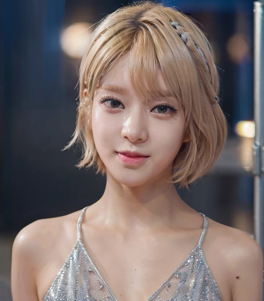 1girl,blonde, short hair, p4rkch04, (wearing a silver glittery evening dress),(RAW photo, best quality), (realistic, photo-realistic:1.4), masterpiece, an extremely delicate and beautiful, extremely detailed, 2k wallpaper, Amazing, finely detail, extremely detailed CG unity 8k wallpaper, ultra-detailed, highres, soft light, beautiful detailed girl, extremely detailed eyes and face, beautiful detailed nose, beautiful detailed eyes,cinematic lighting,city lights at night,smiling   <lora:p4rkch04-20:1>