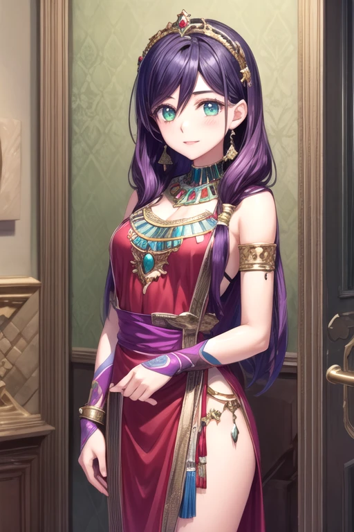 masterpiece, best quality, game cg, 1girl, solo, looking at viewer, , , , , <lora:kae_serinuma:0.74>, kae_serinuma, purple hair, green eyes, long hair, egyptian costume, art gallery,