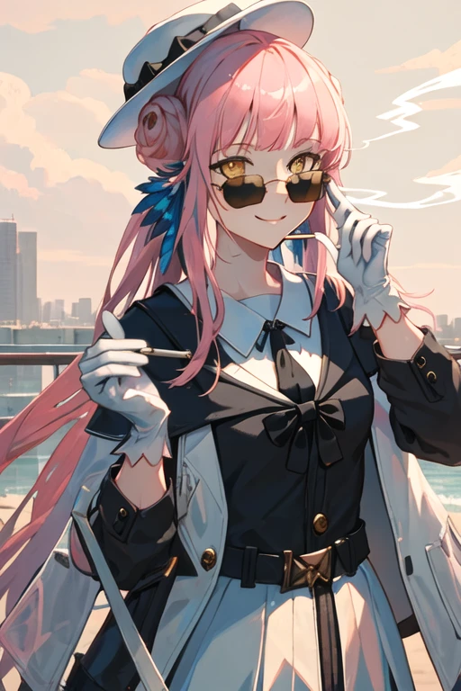 best quality, masterpiece, highres, solo, {black business suit:1.40}, {tie:1.20}, {sunglasses:1.25}, {white gloves:1.15}, {white shirt:1.10}, {black skirt:1.15}, {smoking:1.20}, handsome, {ceylon_arknights:1.15}, long_hair, bangs, pink_hair, feather_hair, feathers, hat, white_headwear, yellow_eyes, blue_feathers, bow, hair_bun, hat_bow, smile, black_bow, upper_body