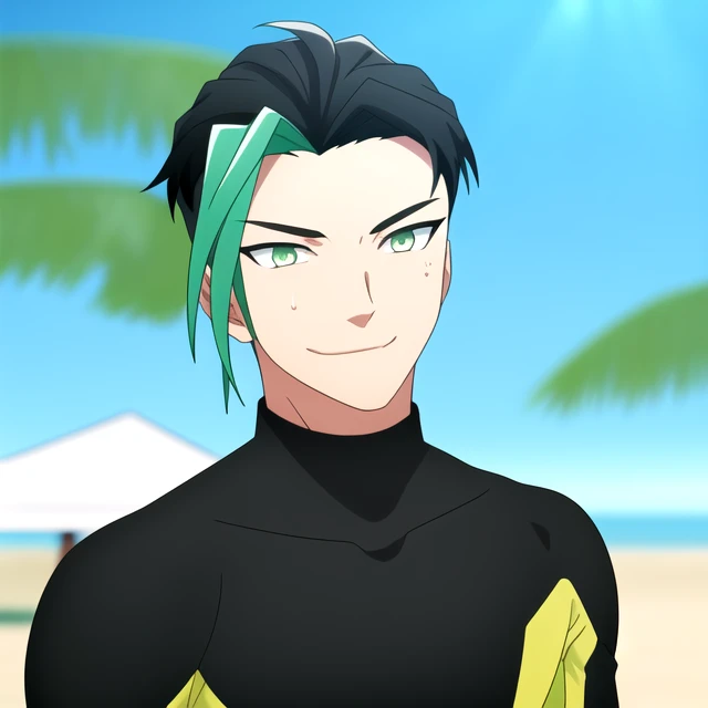 high quality, highres, absurdres, nsfw, 1boy, solo focus, muscular male, black and white bodysuit, green wetsuit, facing viewer, looking at viewer, black hair, green dyed bangs, hair slicked back, dot cheek, soichiro william mori <lora:Soichiro_William_Mori_v2:0.8>  , standing, beach, wet, wet hair, sweat, smirk, arms behind head,