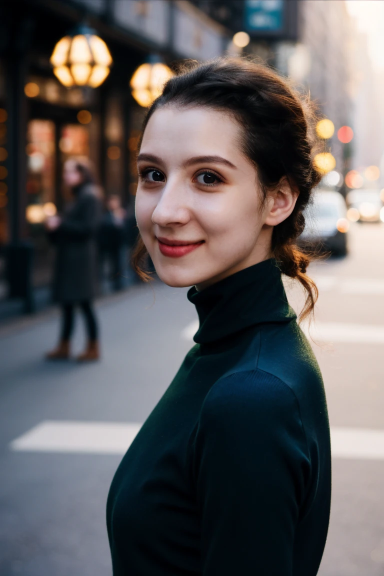 a stunning intricate full color portrait of a beautiful pale woman, black turtleneck, on a lively avenue, having fun, bounced lighting, dreamy haze, detailed skin, skin blemish, sharp focus, shot on HOLGA 120n, Lomochrome color film <lora:MelissaMazV2-000005:1>