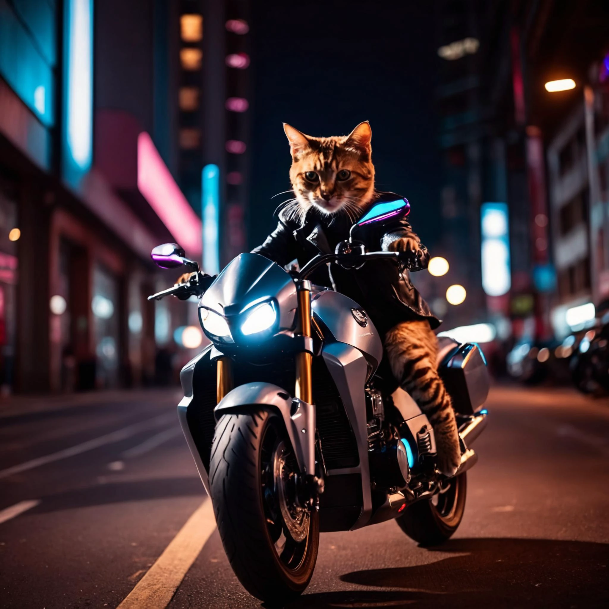 cyberpunk cat, riding a futuristic motor bike, cinematic shot, hard shadows, Fujifilm XT3