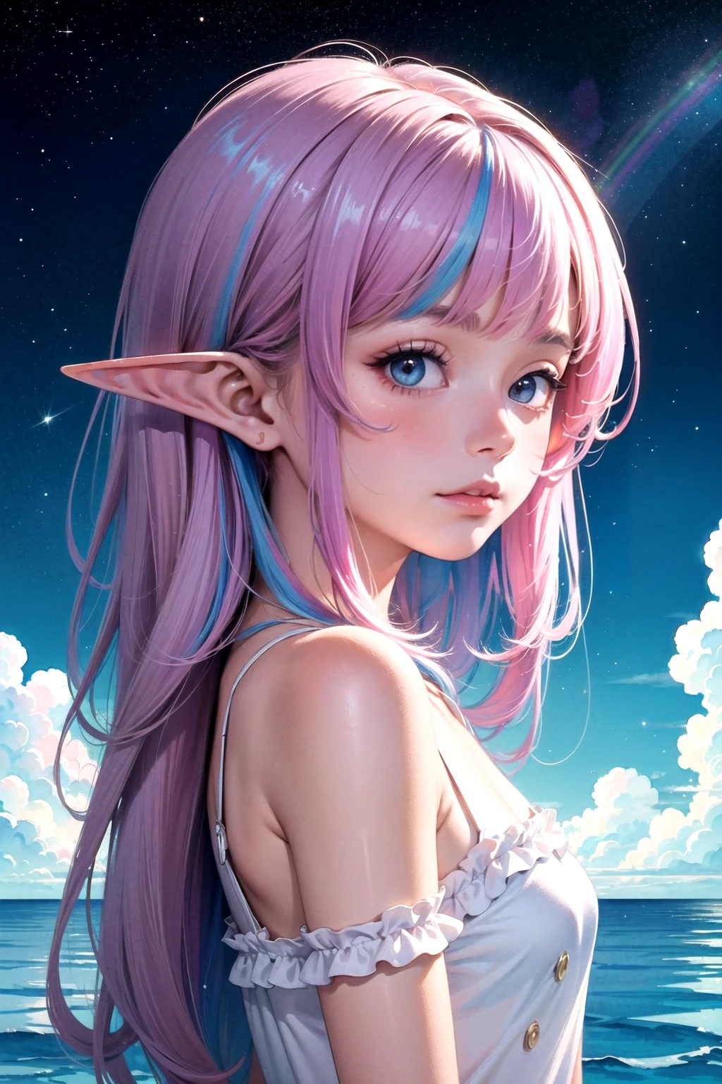 (masterpiece, top quality, best quality,watercolor (medium),official art, beautiful and aesthetic:1.2),(1girl:1.3), (fractal art:1.3),upper body, from side, looking at viewer,patterns,(rainbow color Hair,colorful hair,half blue and half pink hair:1.2),(elf ears:1.2),water,liquid, cloud,colorful, starry,stars,