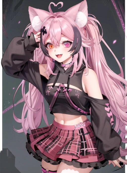 best quality, (masterpiece),(ultra-detailed), (high quality), (high resolution),  <lora:suwievt:0.7> ,1girl, ahoge, animal ear fluff, animal ears, artist name, bangs, black hair, black nails, cat ears, cat tail, closed mouth, clothing cutout, collar, cross hair ornament, dog ears, hair between eyes, hair ornament, heterochromia, hoodie, long hair, looking up, monster energy, multicolored hair, open mouth, pink hair, pink skirt, purple hair, smile, solo, spikes, streaked hair, suwie, symbol-shaped pupils, twintails, v, virtual youtuber,pink eyes,