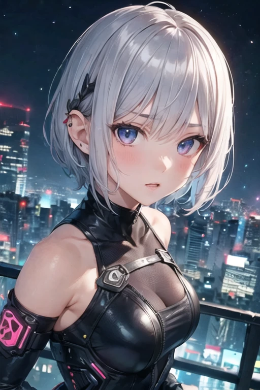 1girl,beautiful detailed face,cowboy shot, short silver prismatic pixie haircut,urban cyberpunk city area background,night,