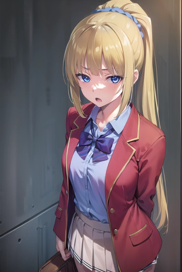 keikaruizawa, <lora:keikaruizawa-lora-nochekaiser:1>,
kei karuizawa, long hair, bangs, blunt bangs, (purple eyes:1.1), blonde hair, shirt, hair ornament, ponytail, scrunchie, blue scrunchie, (small breast:1.2), <lora:sensualface_type2:1>, open mouth,
BREAK skirt, shirt, bow, school uniform, jacket, (red jacket:1.2), pleated skirt, bowtie, sweater, (blue bow:1.2), (blue shirt:1.2),
BREAK indoors, classroom,
BREAK looking at viewer, (cowboy shot:1.5),
BREAK <lyco:GoodHands-beta2:1>, (masterpiece:1.2), best quality, high resolution, unity 8k wallpaper, (illustration:0.8), (beautiful detailed eyes:1.6), extremely detailed face, perfect lighting, extremely detailed CG, (perfect hands, perfect anatomy),