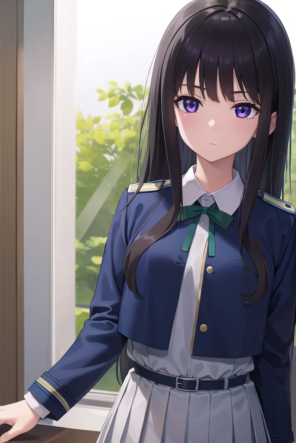 takinainoue, <lora:takinainoue-lora-nochekaiser:1>,
inoue takina, long hair, bangs, black hair, (purple eyes:1.2),
BREAK shirt, long sleeves, dress, ribbon, school uniform, white shirt, collared shirt, belt, neck ribbon, blue dress, green ribbon, pleated dress, grey dress, two-tone dress, blue belt, lycoris uniform,
BREAK indoors, restaurant,
BREAK looking at viewer, (cowboy shot:1.5),
BREAK <lyco:GoodHands-beta2:1>, (masterpiece:1.2), best quality, high resolution, unity 8k wallpaper, (illustration:0.8), (beautiful detailed eyes:1.6), extremely detailed face, perfect lighting, extremely detailed CG, (perfect hands, perfect anatomy),