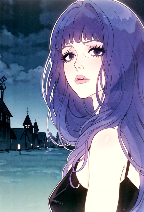 <lora:jeannebelladonna:0.6> 1girl, jeannabelladonna, solo, bangs, purple hair, street, portrait