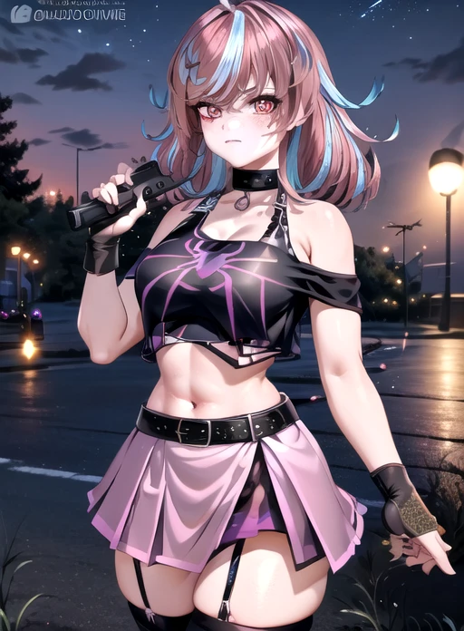 best quality, (masterpiece),(ultra-detailed), (high quality), (high resolution),   <lora:emikukis:0.7> ,1girl, ahoge, assault rifle, bangs, belt, black choker, black shirt, blue hair, breasts, brown hair, choker, cleavage, collarbone, crop top, cross, emikukis, freckles, gloves, grass, looking at viewer, medium hair, multicolored hair, navel, off shoulder, off-shoulder shirt, pink hair, purple skirt, red eyes, skirt, solo, star (sky), thighhighs