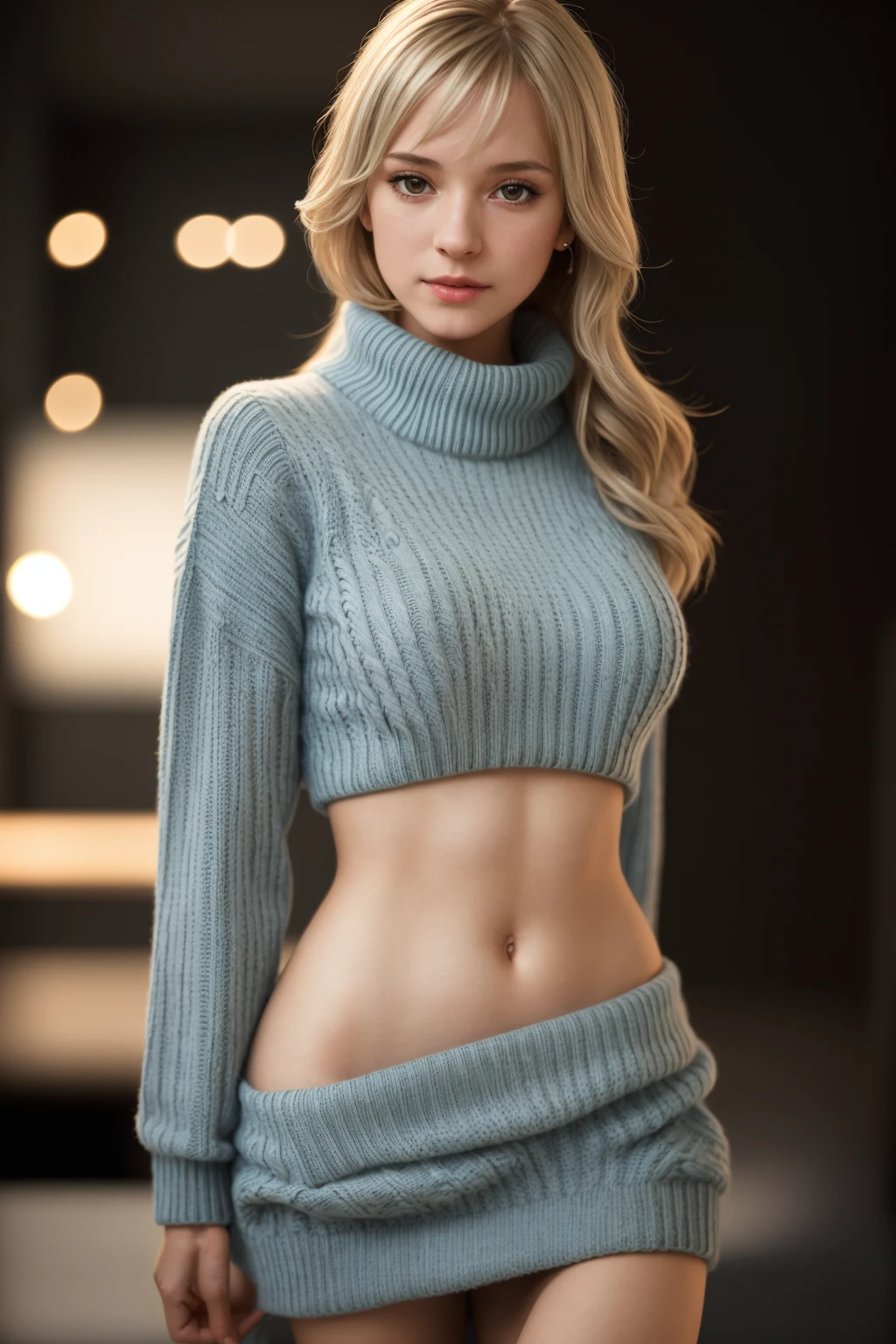 1girl,virgin_killer_sweater,young,medium breasts,narrow waist,Bokeh,Professional,sharp focus,Highly detailed,Studio lighting,realistic,best quality,HDR,UHD,8K,