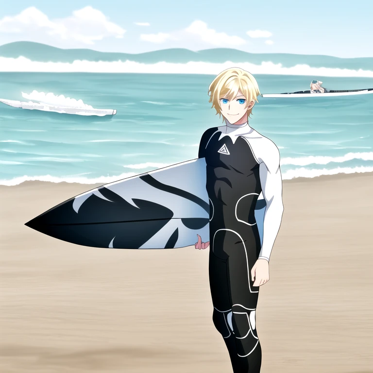 high quality, highres, absurdres, nsfw, (1boy, solo focus, muscular male), bodysuit, black and white wetsuit, blue eyes, blonde hair, disgust, sho akitsuki <lora:Sho_Akitsuki_v2:0.7> , beach, standing, upper body, light smile, wet, wet hair, sweat, full body, holding surfboard, surfboard,
