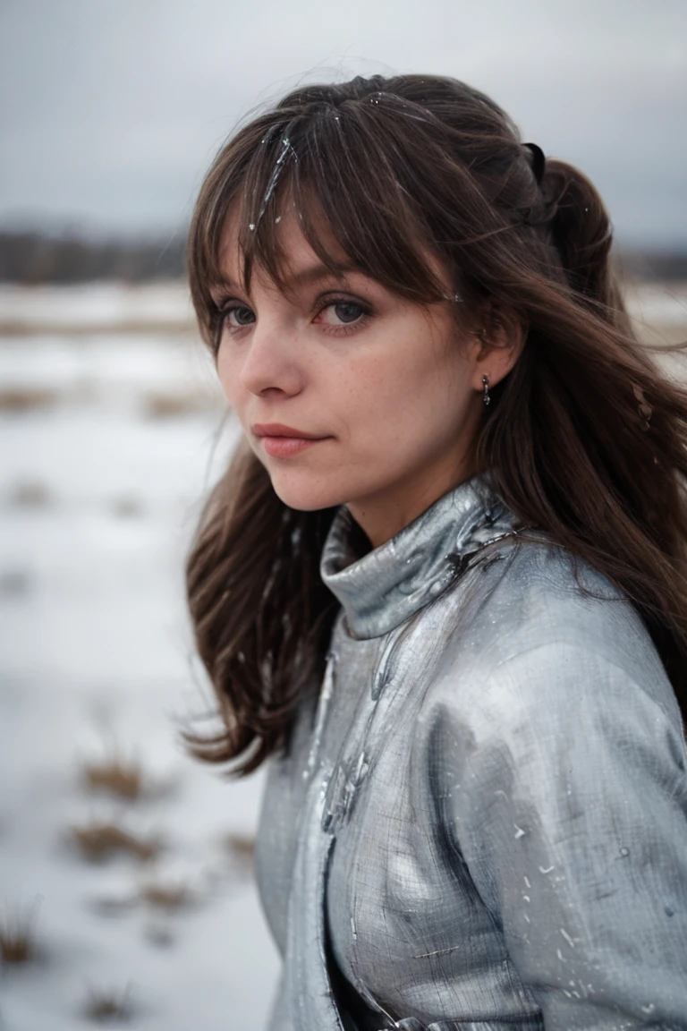 [face closeup of : : 0.2] mhpifr wearing an [elegant: : 0.5] silver dress, looking at camera, snowy plains at morning, long hairdo, <lora:MhPifr_v1_locon_96_96:1>