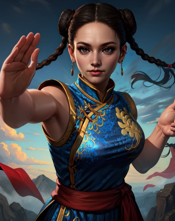 PaiChan, twin braids with blue ribbons, brown eyes, double bun,black hair,
standing, solo , upper body, fighting stance,
blue Chinese clothes, red sash, pants, sleevless, blue sky, cloudy, dusk,
(insanely detailed, beautiful detailed face, masterpiece, best quality <lora:Pai-10v6:0.7>