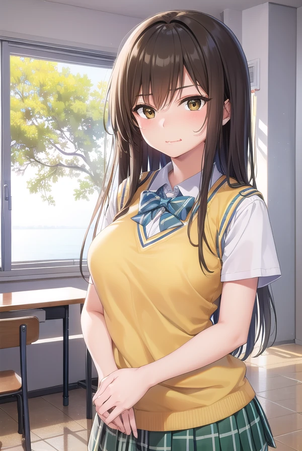 kotegawayui, <lora:yuikotegawa-lora-nochekaiser:1>,
yui kotegawa, black hair, (brown eyes:1.5), long hair, <lora:yudedako_v100:1>, embarrassed, <lora:wavymouth_type4_v100:1>, open mouth,
BREAK green skirt, plaid, plaid skirt, sainan high school uniform, school uniform, skirt, sweater vest, (yellow sweater:1.3), short sleeves,
BREAK looking at viewer, (cowboy shot:1.5),
BREAK indoors, classroom,
BREAK <lyco:GoodHands-beta2:1>, (masterpiece:1.2), best quality, high resolution, unity 8k wallpaper, (illustration:0.8), (beautiful detailed eyes:1.6), extremely detailed face, perfect lighting, extremely detailed CG, (perfect hands, perfect anatomy),