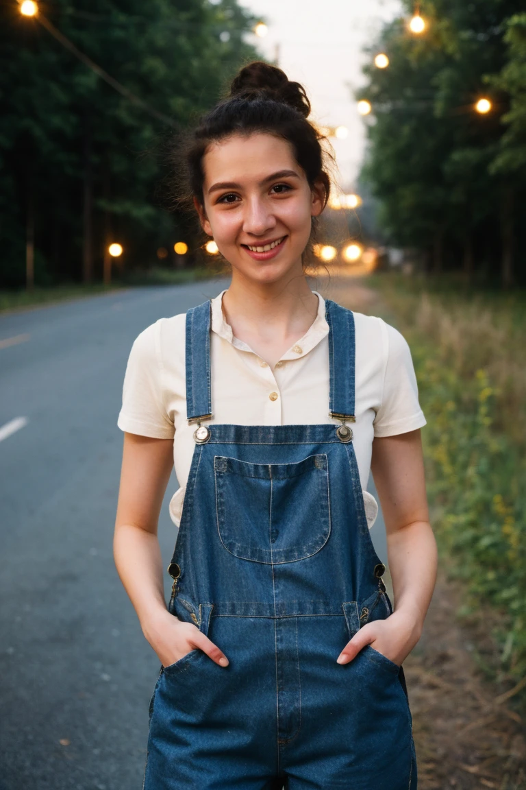 a stunning intricate full color portrait of a beautiful pale woman, Overalls worn over a fitted button-up shirt and canvas sneakers, during a midnight stroll, smiling, bounced lighting, dreamy haze, detailed skin, skin blemish, sharp focus, shot on HOLGA 120n, Lomochrome color film  <lora:MelissaMazV2-000005:1>