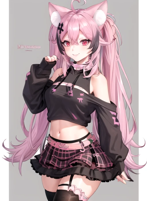 best quality, (masterpiece),(ultra-detailed), (high quality), (high resolution), <lora:suwievt:0.7> ,1girl, animal ears, artist name, belt, black nails, black thighhighs, can, cat ears, collar, dog ears, hair ornament, long sleeves, looking at viewer, multicolored hair, multiple views, navel, pink eyes, red eyes, skirt, smile, solo, spiked collar, spikes, suwie, twintails, virtual youtuber