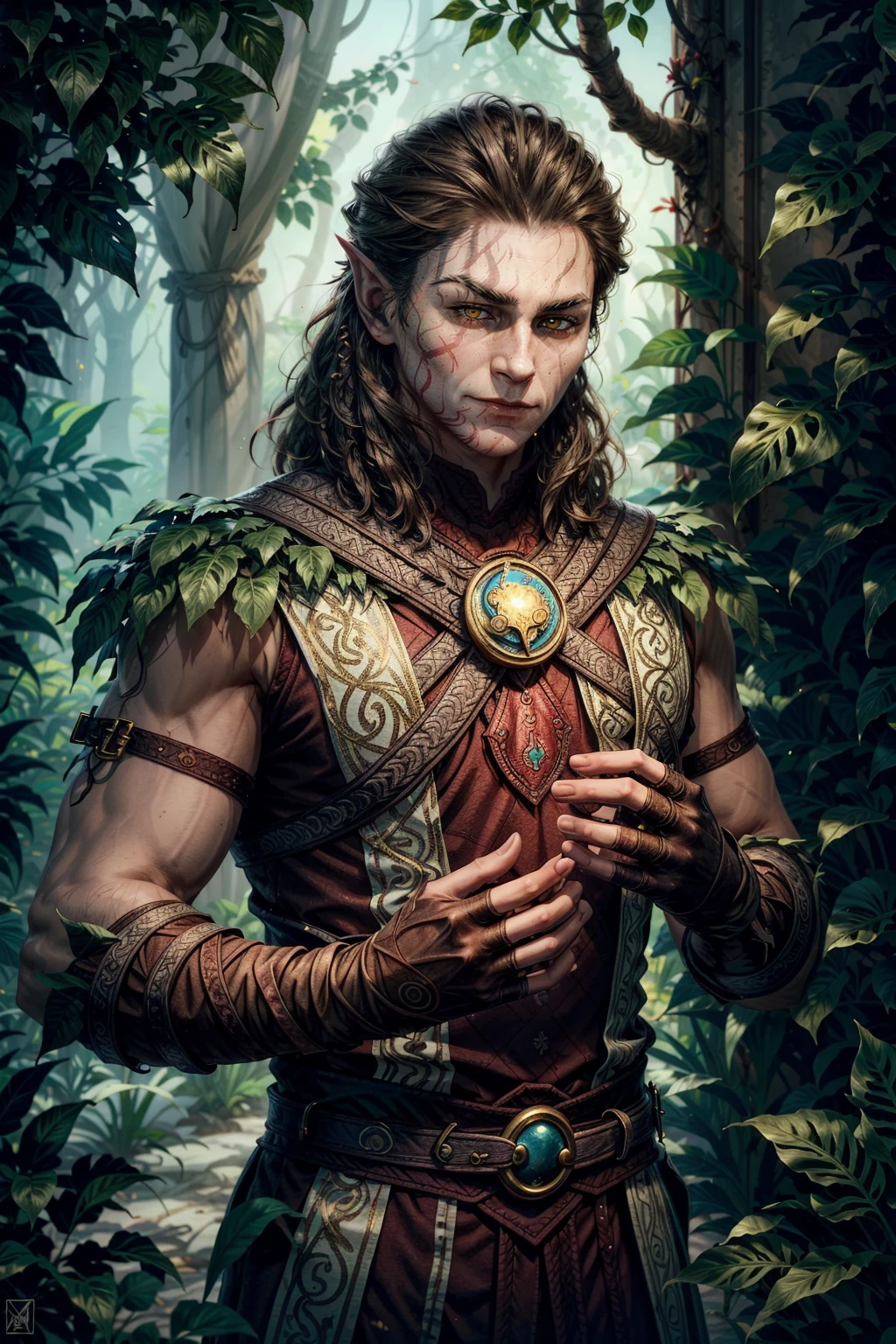 HalsinBG, 1boy, pointy ears, realistic, naked upper body, forest background, <lora:HalsinBG:0.7>