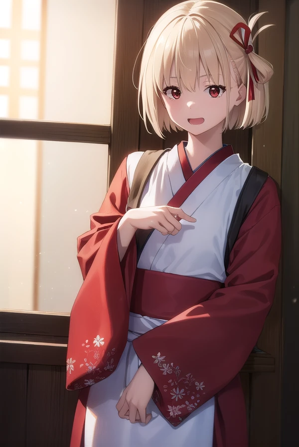 chisatonishikigi, <lora:chisatonishikigi-lora-nochekaiser:1>, 
nishikigi chisato, short hair, bangs, blonde hair, (red eyes:1.5), hair ribbon, one side up, bob cut, <lora:smirkingeye_v100:1>, <lora:smirkingmouth_v100:1> open mouth, smile,
BREAK japanese clothes, kimono, apron, red ribbon, waitress, red kimono,
BREAK indoors, cafe,
BREAK looking at viewer, (cowboy shot:1.5),
BREAK <lyco:GoodHands-beta2:1>, (masterpiece:1.2), best quality, high resolution, unity 8k wallpaper, (illustration:0.8), (beautiful detailed eyes:1.6), extremely detailed face, perfect lighting, extremely detailed CG, (perfect hands, perfect anatomy),