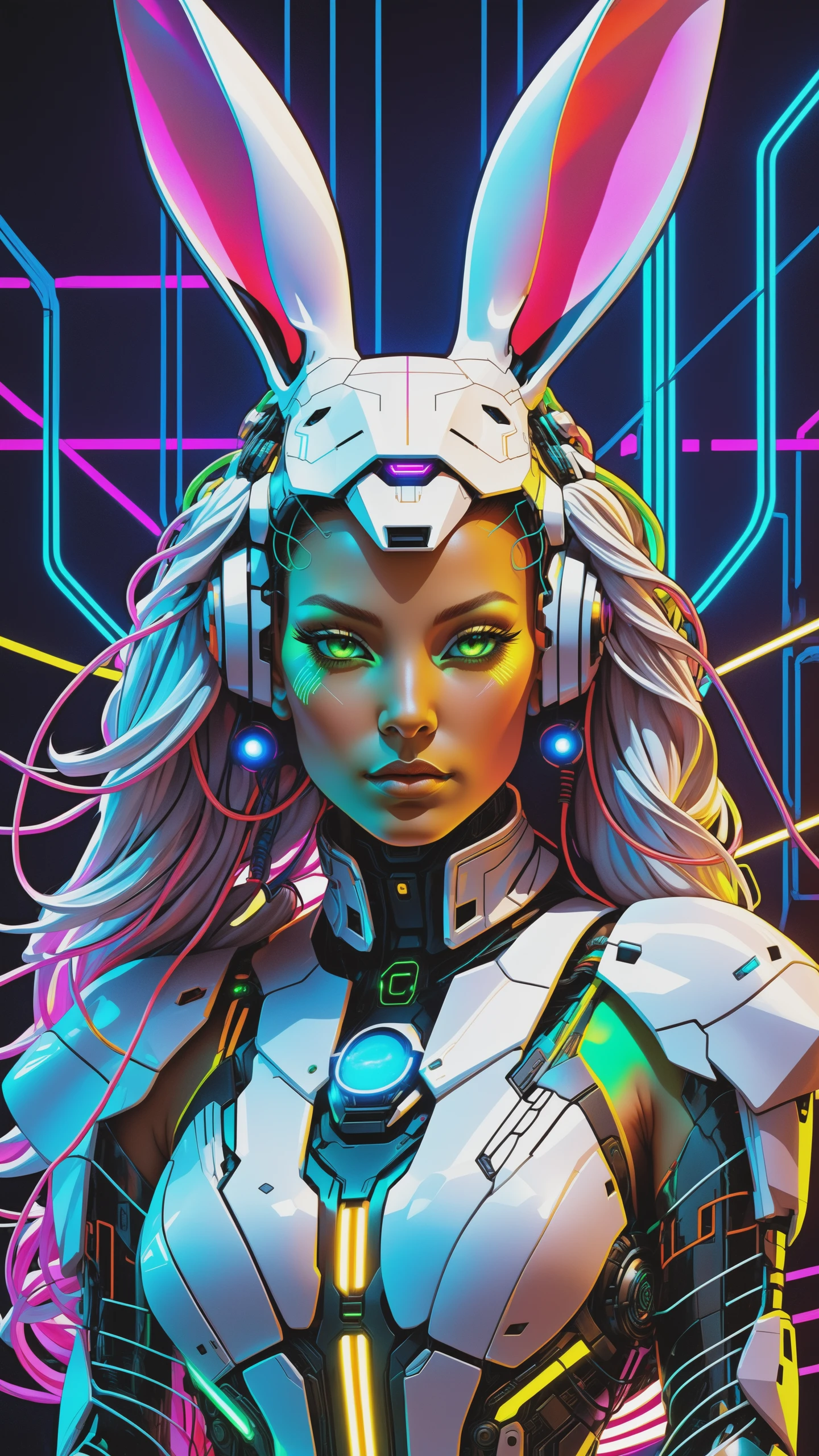 Cyborg feminine hare, kawaii cyborg rabbit, high detailed face, beautiful body, glowing hair, looking at the camera, breeze, neon strings, chaotic wiring/cables, scifi, futuristic, highly detailed, cinematic, cyberpunk, highly detailed and intricate, rich deep colors. sf, raphael, caravaggio, greg rutkowski, beeple, beksinski, red background