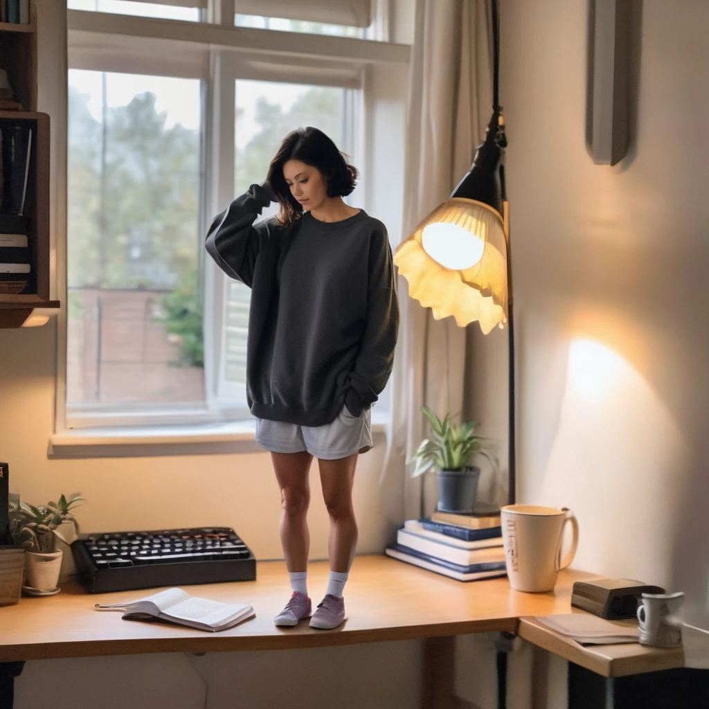 (best quality), (masterpiece), ultra-detailed, illustration, a scene involving one tiny (miniature:1.6) woman, looking at viewer, 30 year old, (huge loose oversized sweatshirt and loose shorts),  wearing socks, miniature woman (standing on desk next to keyboard, lamp), living room, couch, sofa, lamp, curtains, wood floors, coffee table, side table, windows, apartment, dynamic light, combed back black hair, 8k uhd, dslr, soft lighting, high quality, film grain, Fujifilm XT3, sharp focus, F/8.0,   <lora:shrunk_v1_xl:1>