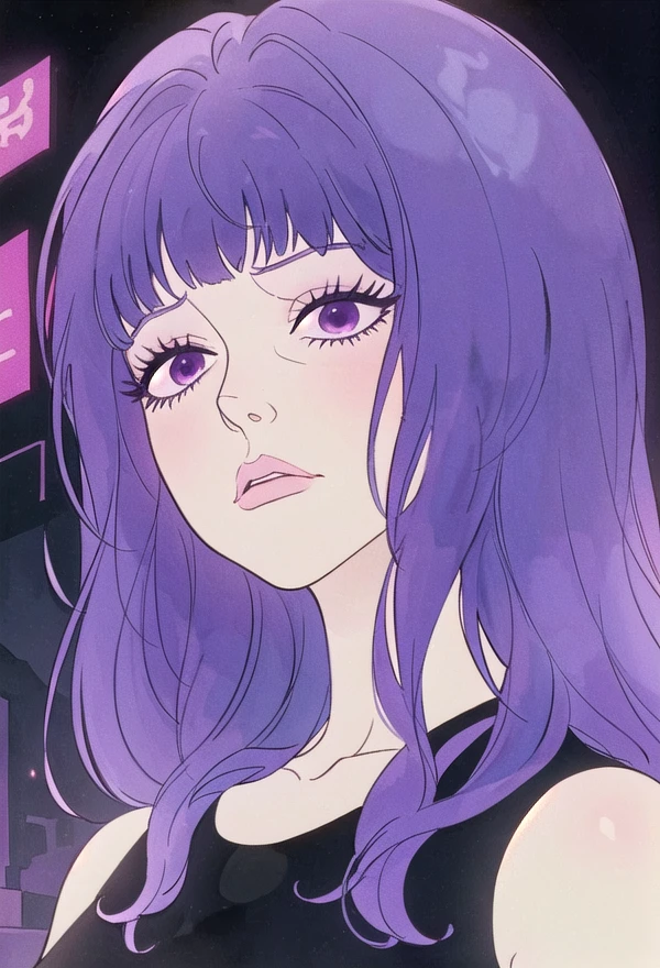 <lora:jeannebelladonna:0.6> 1girl, jeannabelladonna, solo, bangs, purple hair, street, portrait, closup