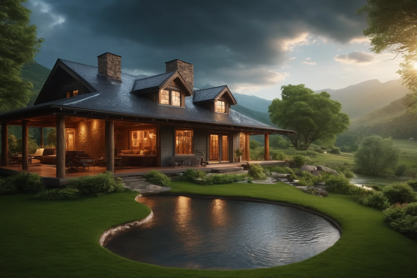 Unparalleled masterpiece, (photorealistic:1.4), best quality, beautiful lighting, (hot spring), (extremely detailed 8k wallpaper), full shot landscape photo of the most beautiful artwork in the world, cloudy sky background lush landscape house and trees illustration concept art