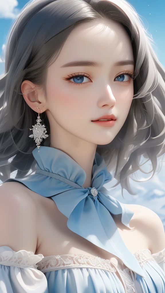 (masterpiece,best quality:1.5),ultra realistic,32k,RAW photo,(high detailed skin:1.2), 8k uhd, dslr, soft lighting, high quality, film grain,trending on artstation ,(ðï¸,ð),ðªµ,ð¹,ðª¨, collarbone, eardrop,(wind),lady,(sexy:1.1),Blue sky, white clouds, view from above ,(Eastern European plateau), winter day, anime