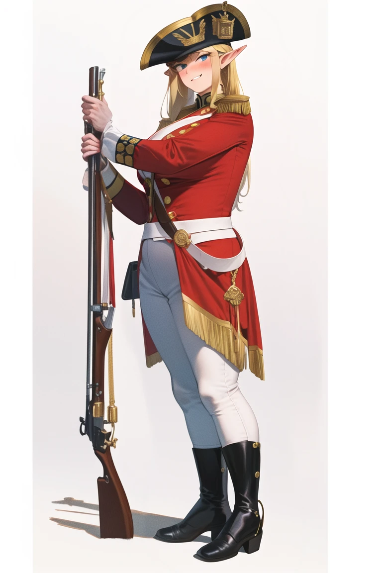masterpiece, best quality, absurdres, high resolution, extremely detailed, 1girl, <lora:redcoatv2:0.75>,military_uniform, uniform, standing, hat, epaulettes ,military, white_pants, red_jacket,shako hat, white pants,18cera, regiment of foot,redcoat, blonde long wavy hair, blue eyes, smug, full-face blush,(( large breasts, huge breasts, wide hips, narrow waist,)) elf,pointy ears, <lora:mashu style-03:0.8>,