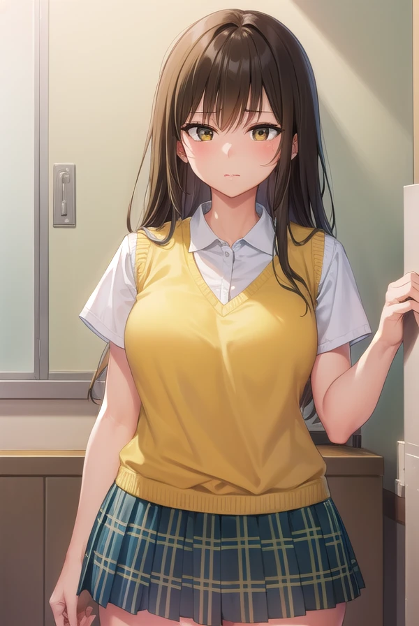 kotegawayui, <lora:yuikotegawa-lora-nochekaiser:1>,
yui kotegawa, black hair, (brown eyes:1.5), long hair, <lora:yudedako_v100:1>, embarrassed, <lora:wavymouth_type4_v100:1>, open mouth,
BREAK green skirt, plaid, plaid skirt, sainan high school uniform, school uniform, skirt, sweater vest, (yellow sweater:1.3), short sleeves,
BREAK looking at viewer, (cowboy shot:1.5),
BREAK indoors, classroom,
BREAK <lyco:GoodHands-beta2:1>, (masterpiece:1.2), best quality, high resolution, unity 8k wallpaper, (illustration:0.8), (beautiful detailed eyes:1.6), extremely detailed face, perfect lighting, extremely detailed CG, (perfect hands, perfect anatomy),